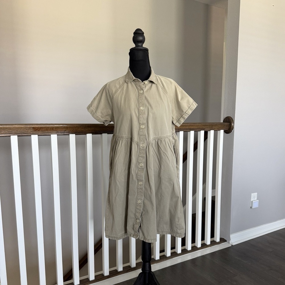 Pact 100% Organic Cotton Chambray Button Down Shirt Dress Green Small Cottage